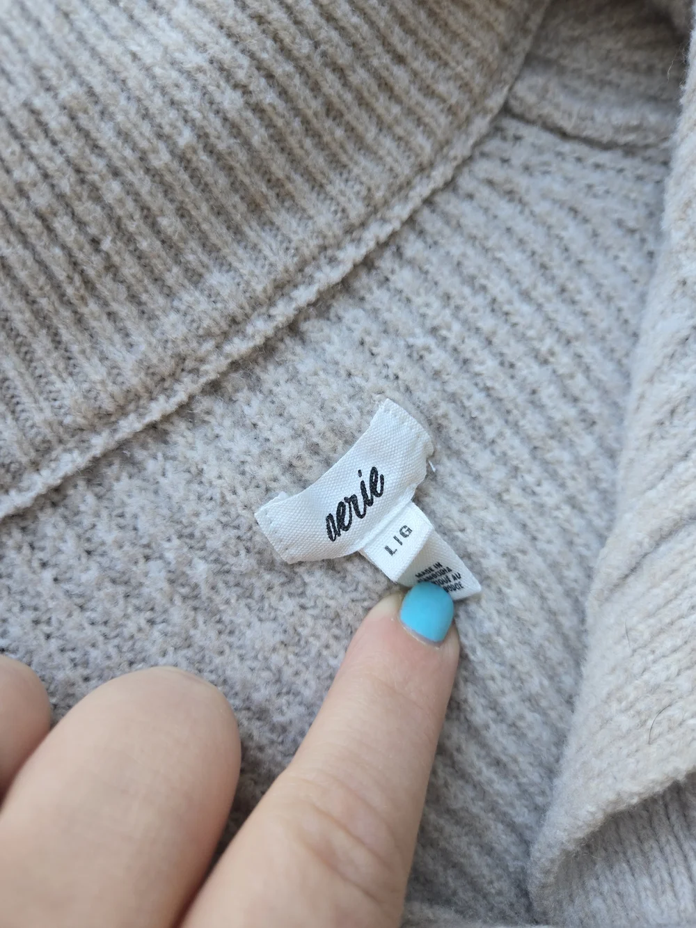 Aerie Cropped Sweater Tan Ribbed Knit Long Sleeve Cozy Size L - Picture 4 of 5